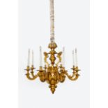 A French gilt-bronze eight-light chandelier, In the manner of André-Charles Boulle, by Lacarrière...
