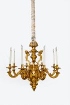 A French gilt-bronze eight-light chandelier, In the manner of André-Charles Boulle, by Lacarrière...