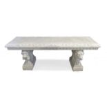 An Italian carved marble garden bench, Late 19th century, The seat with foliate carved border on ...