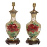 A pair of Chinese cloisonné-enamel vases, mounted as lamps, 20th century, Each decorated with a b...