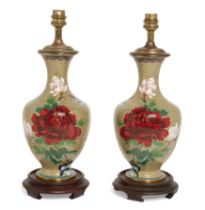 A pair of Chinese cloisonné-enamel vases, mounted as lamps, 20th century, Each decorated with a b...