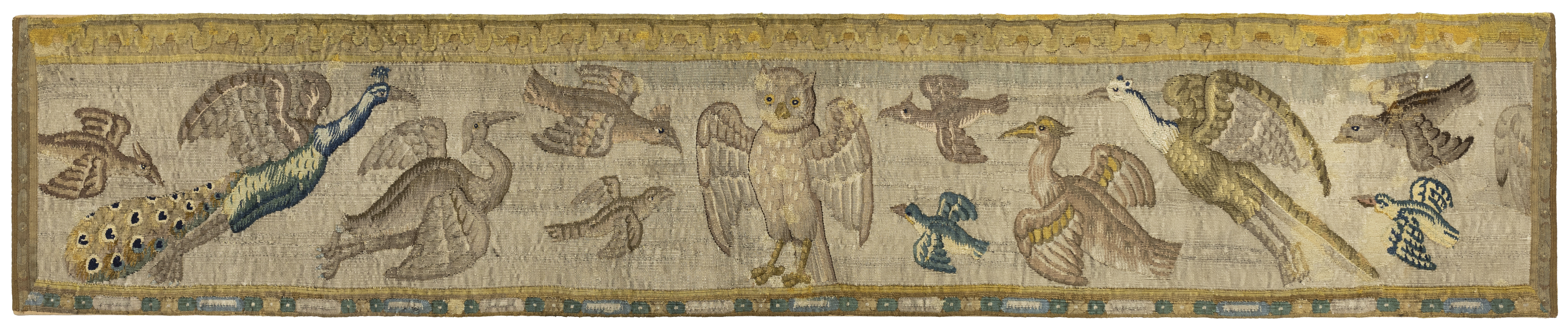 Three Flemish tapestry border fragments, 17th century, Woven in wools and silks, depicting flying... - Image 2 of 4