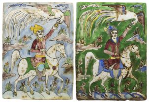Two rectangular figural pottery tiles, Iran, 20th century, Each painted with a mounted rider in a...