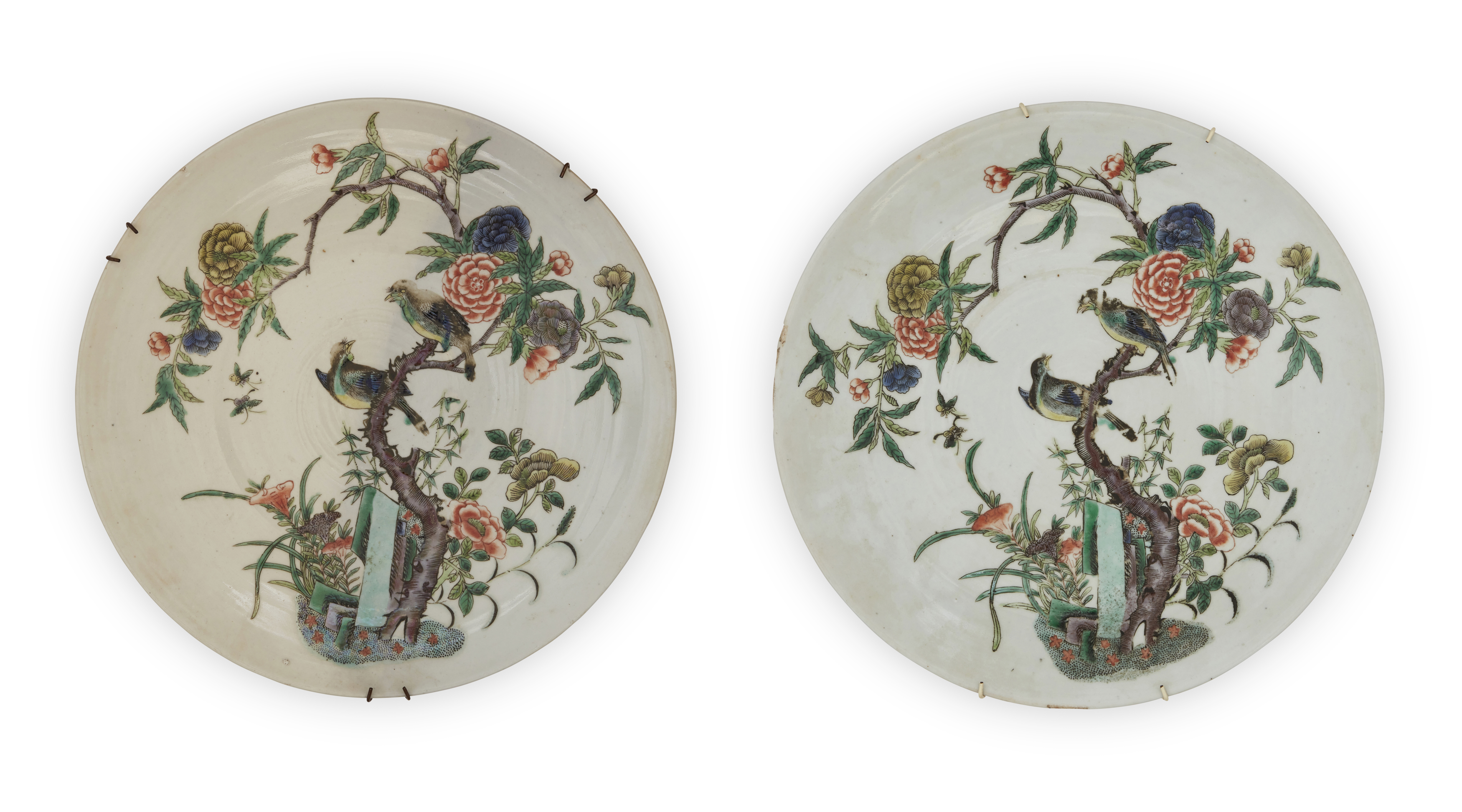 A pair of Chinese famille verte plates, Late Qing dynasty, Painted with birds and foliage, 30cm d...