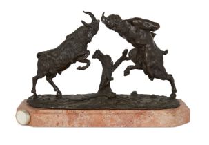 A French bronze Bacchic group, Late 19th century, Depicting a satyr and a goat fighting, on a nat...