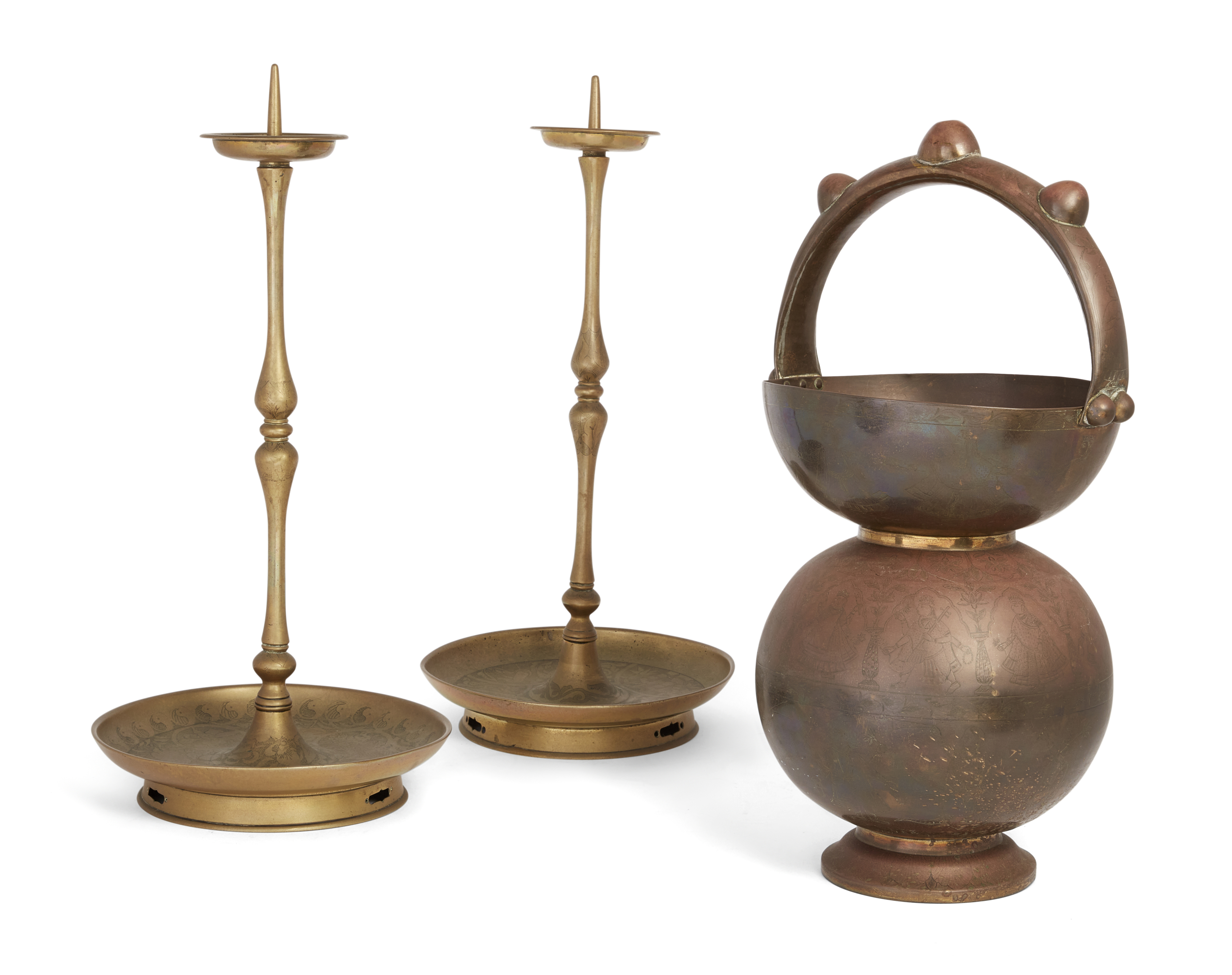 Two brass elements, The first, parts of a larger piece, now fashioned in a candlestick manner, en...