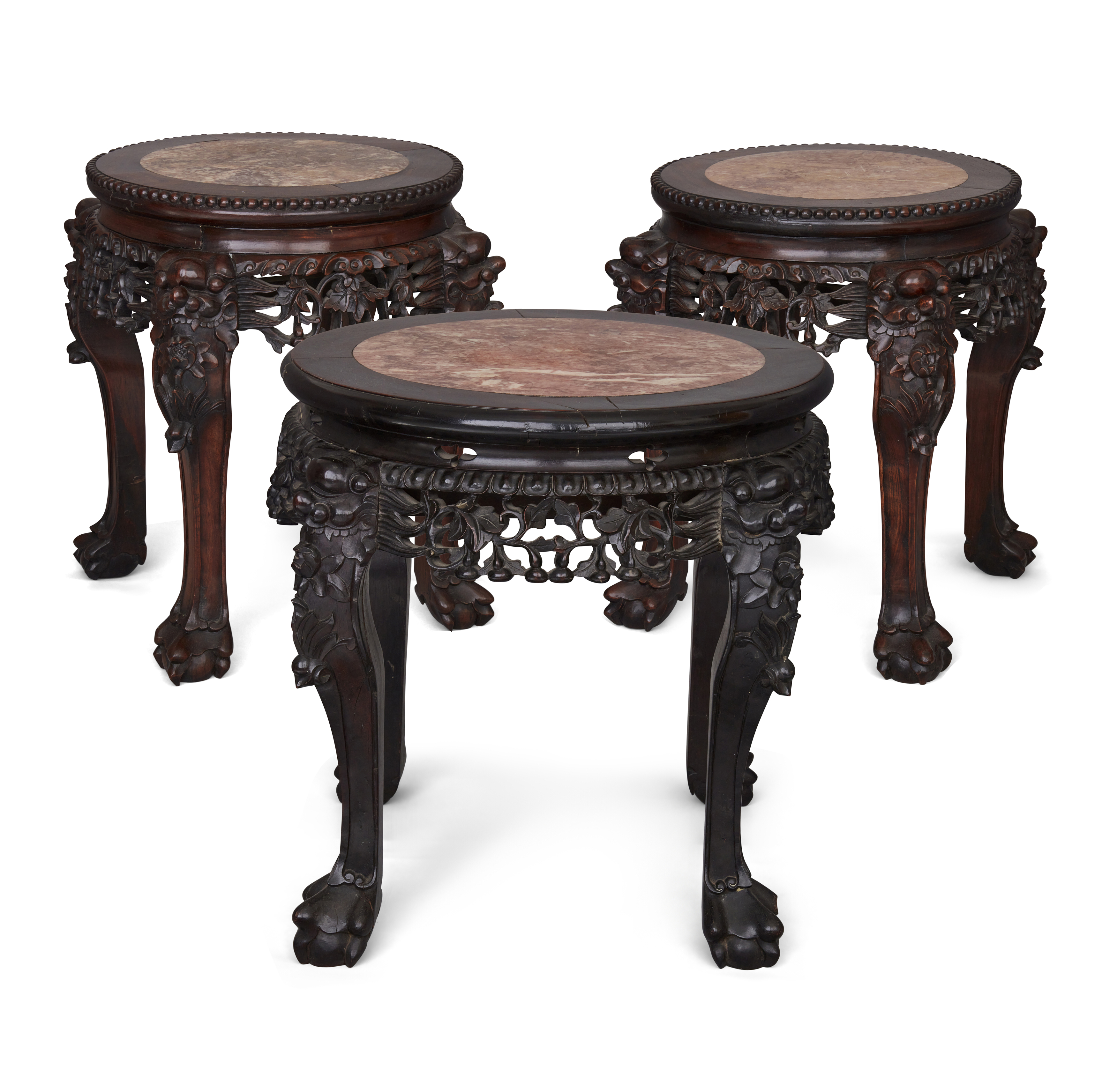 Three Chinese marble-inset hardwood stools, Late Qing dynasty, Each with circular marble inset to...
