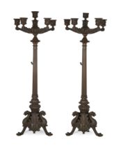 A pair of French bronze six-light candelabra, In the manner of Barbedienne, late 19th century, Ea...