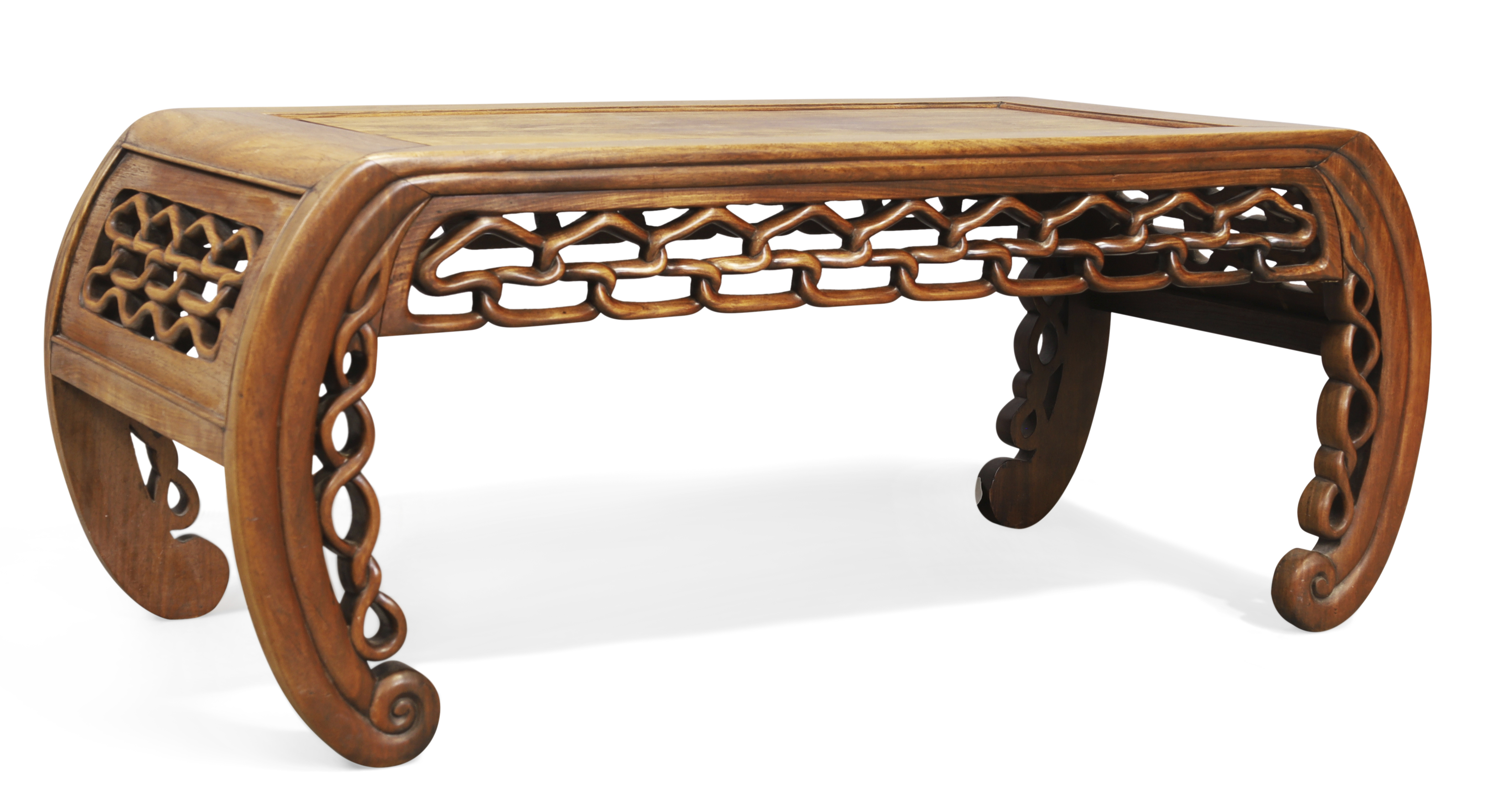 A Chinese hongmu low table, kang, Late Qing dynasty, With pierced frieze raised on curved scroll ...