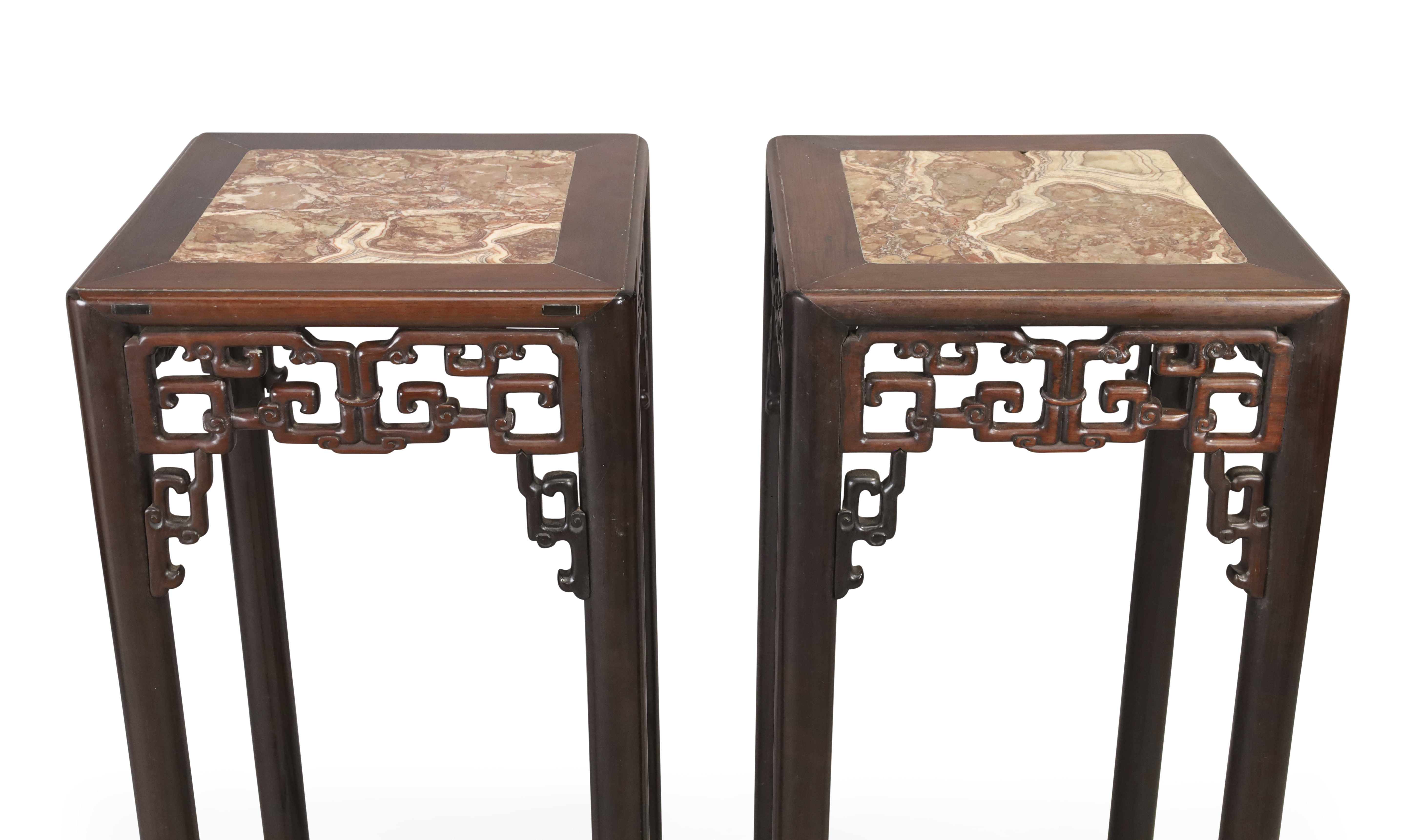 A pair of Chinese hongmu square jardinière stands, Qing dynasty, 19th century, The square marble ... - Image 3 of 3