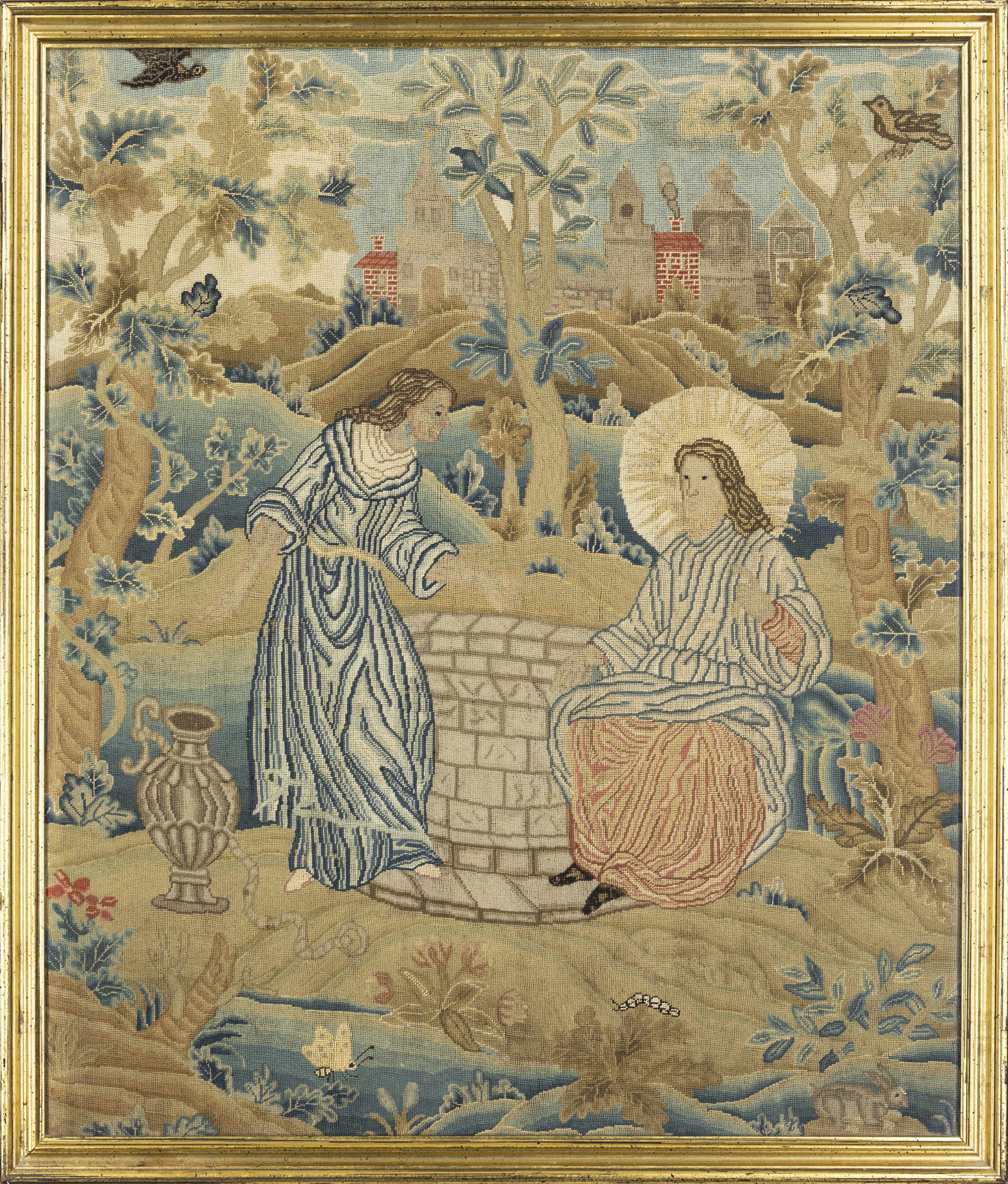 An English needlework panel, Early 18th century, Depicting Christ and the woman from Samaria at t... - Image 2 of 2