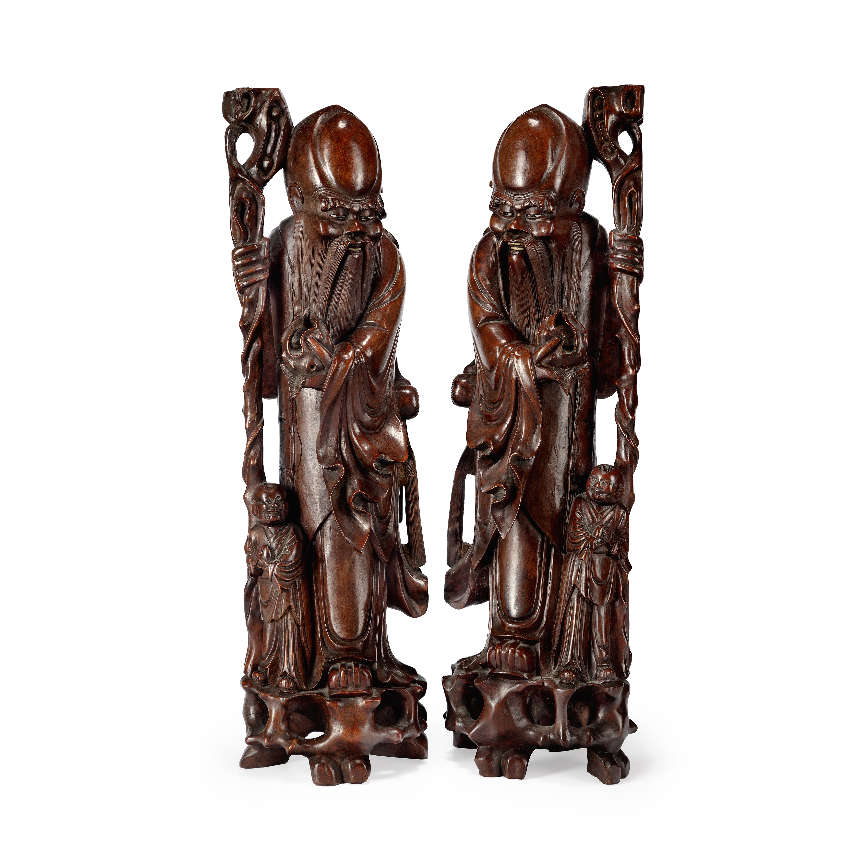 A pair of Chinese hardwood figures of Shoulao, Late Qing dynasty / Republic period, Each carved w...