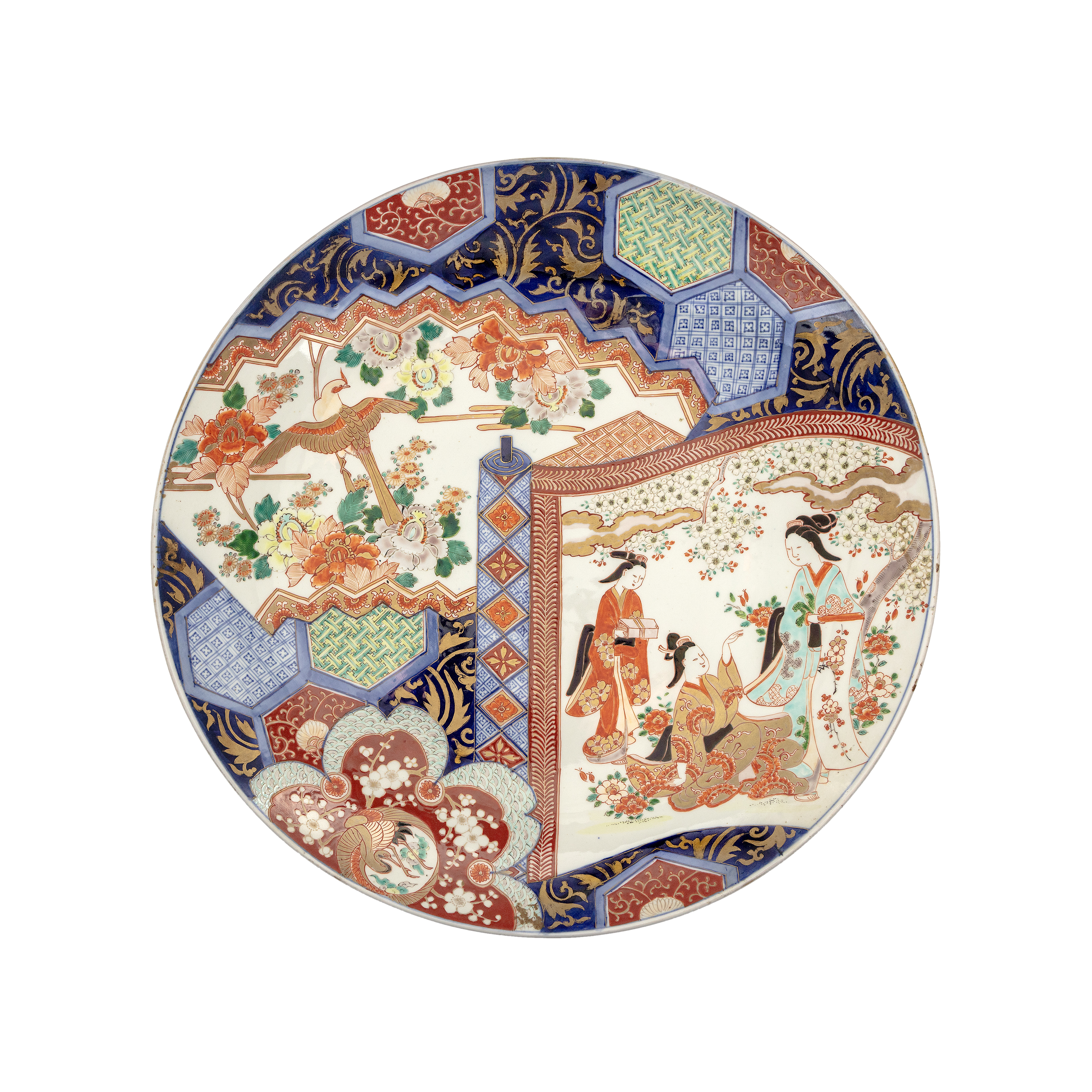 A large Japanese Imari charger, Meiji period, Painted with two panels, one depicting ladies benea... - Image 2 of 2