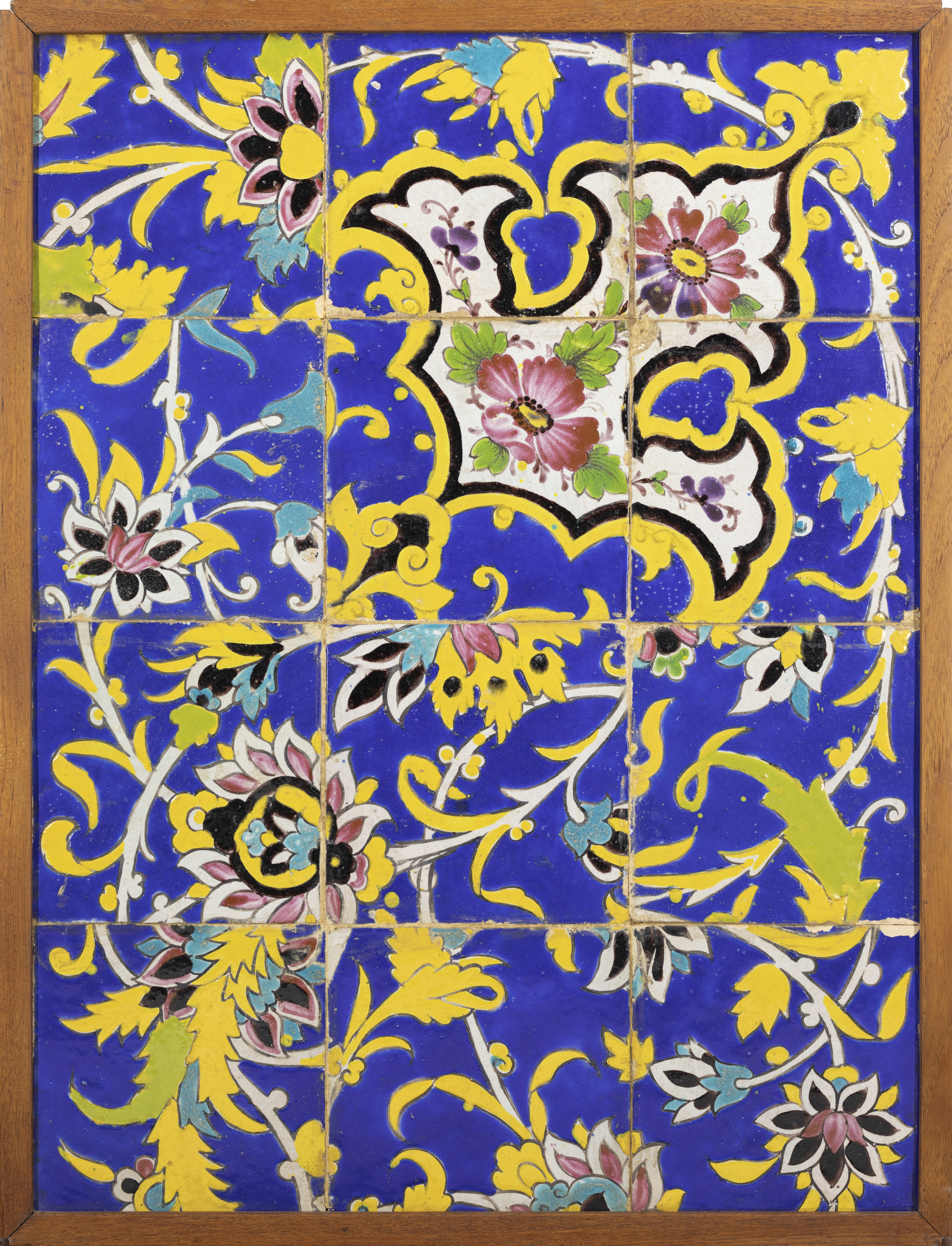 A large polychrome pottery tile panel, Qajar Iran, late 19th century, The blue and turquoise blue... - Image 2 of 2