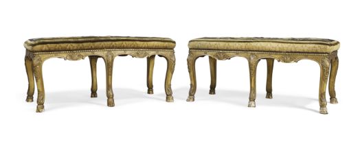 A pair of English giltwood stools, Of Regence style, second quarter 19th century, Carved with aca...