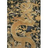 A Chinese silk embroidered dragon panel, Late Qing dynasty, Decorated with a five-clawed dragon i...