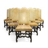 A set of ten French walnut dining chairs, 17th century, With stuffover backs and seats, later lea...