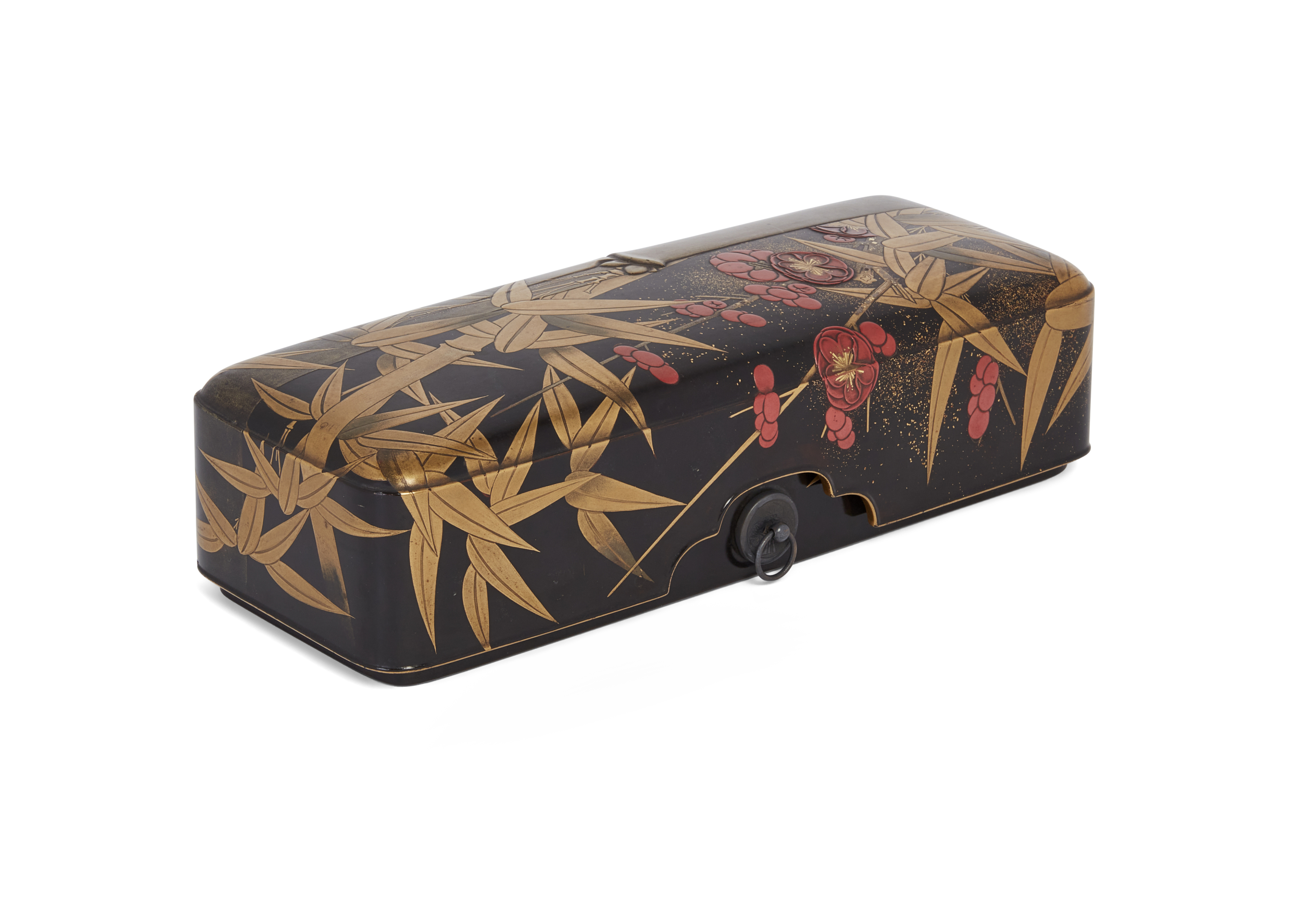 A Japanese lacquer box and cover, Meiji period, Decorated in gold, red, and silver with bamboo an...