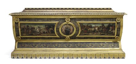 A Florentine giltwood and painted cassone, Possibly early 16th century and incorporating later el...