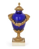 A French gilt-bronze mounted blue glass urn and cover,  Third quarter 19th century, The removeabl...