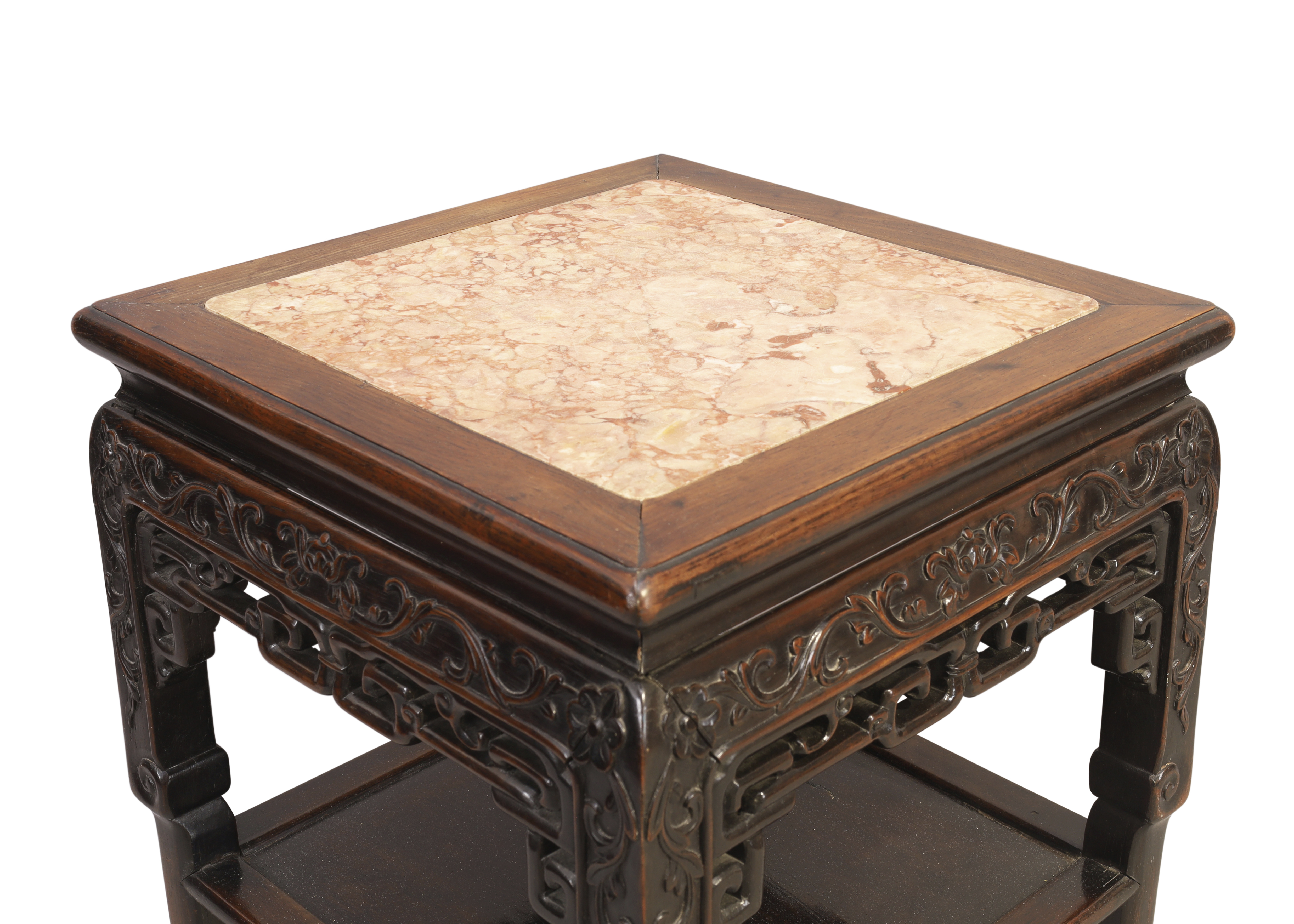 A Chinese hongmu square stand, Qing dynasty, 19th century, The square marble inset top above carv... - Image 2 of 2