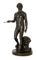 A French bronze figure of David, Mid-19th century, Depicted standing with the torso of Goliath an...