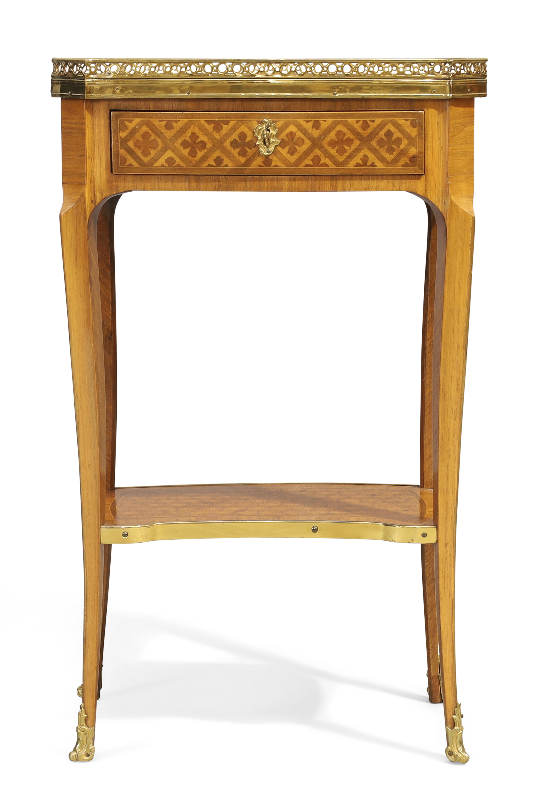 A pair of French inlaid kingwood bedside tables, First quarter 20th century, With brass galleried... - Image 2 of 4