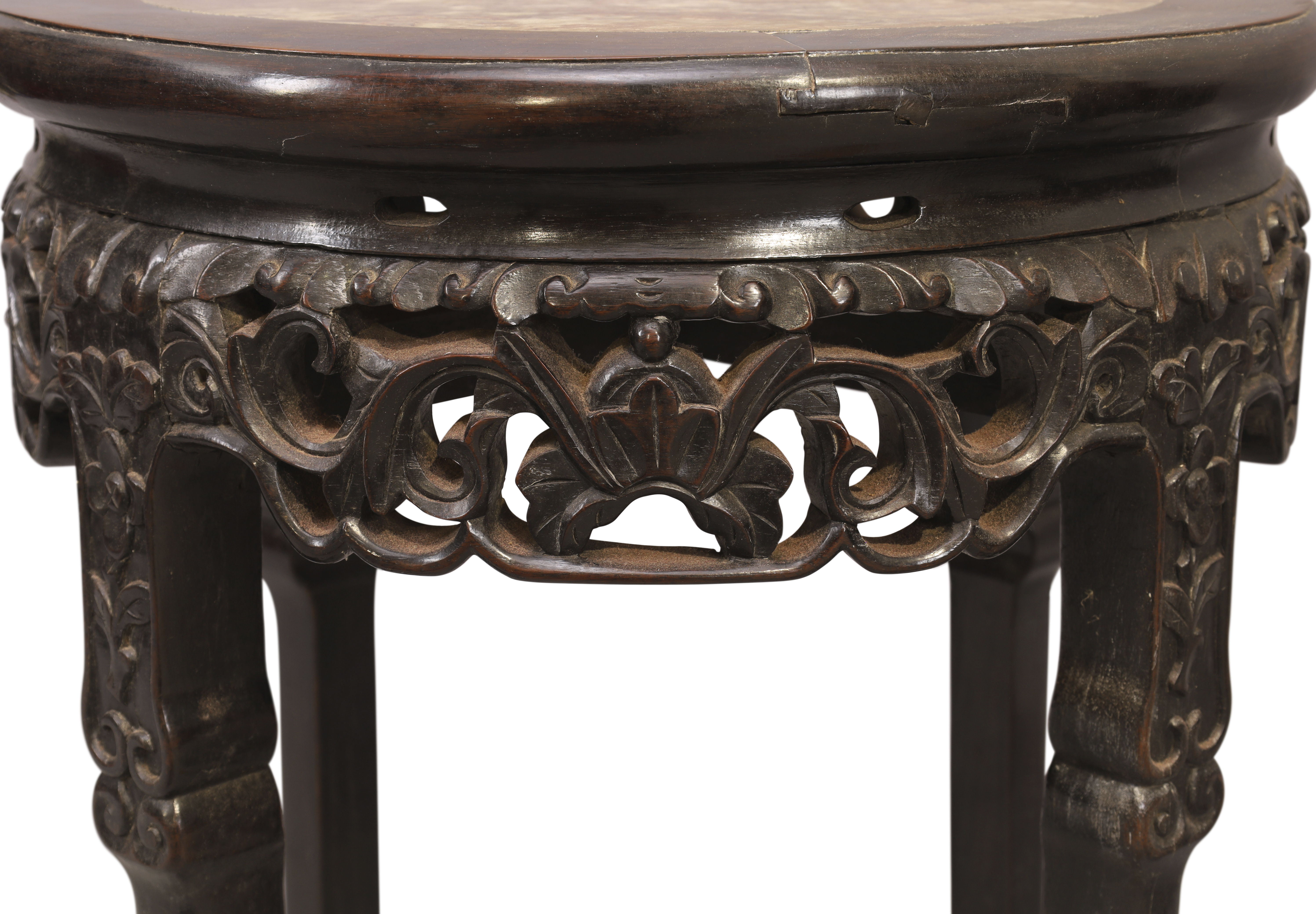 A pair of Chinese hongmu circular stools, Qing dynasty, 19th century, The circular marble inset t... - Image 3 of 4