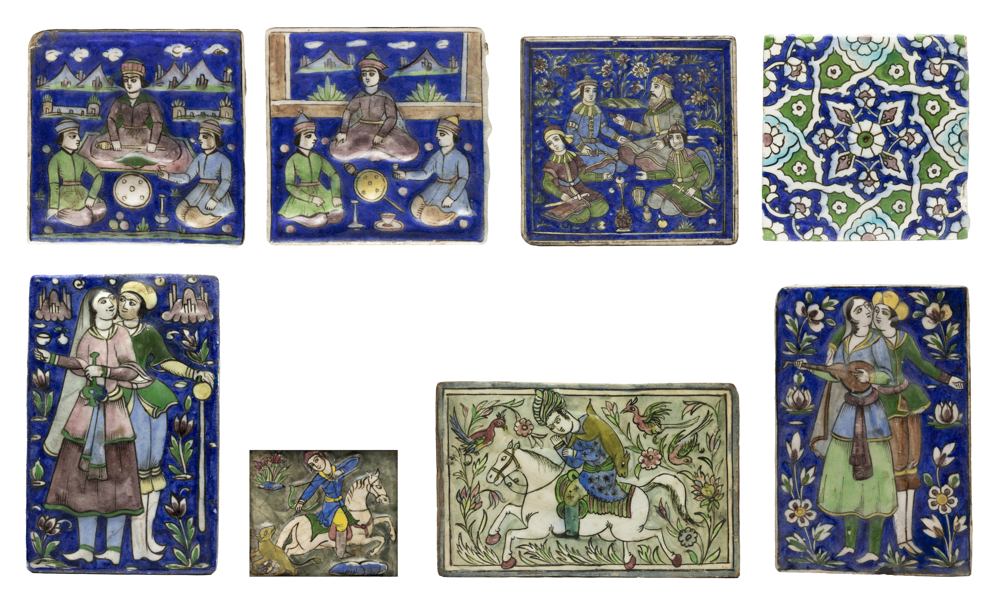Eight polychrome pottery tiles, Qajar Iran and later, 19th / 20th century, The first, moulded, a ...