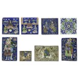 Eight polychrome pottery tiles, Qajar Iran and later, 19th / 20th century, The first, moulded, a ...