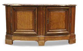 A French walnut bow front credenza, Last quarter 19th century, With veined marble top above two d...