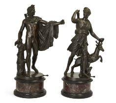A pair of French bronze models of the Apollo Belvedere and Diana the Huntress, After the Antique,...