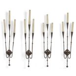 A set of four wrought iron three-light wall appliques, Made to order for George Farrow, second ha...