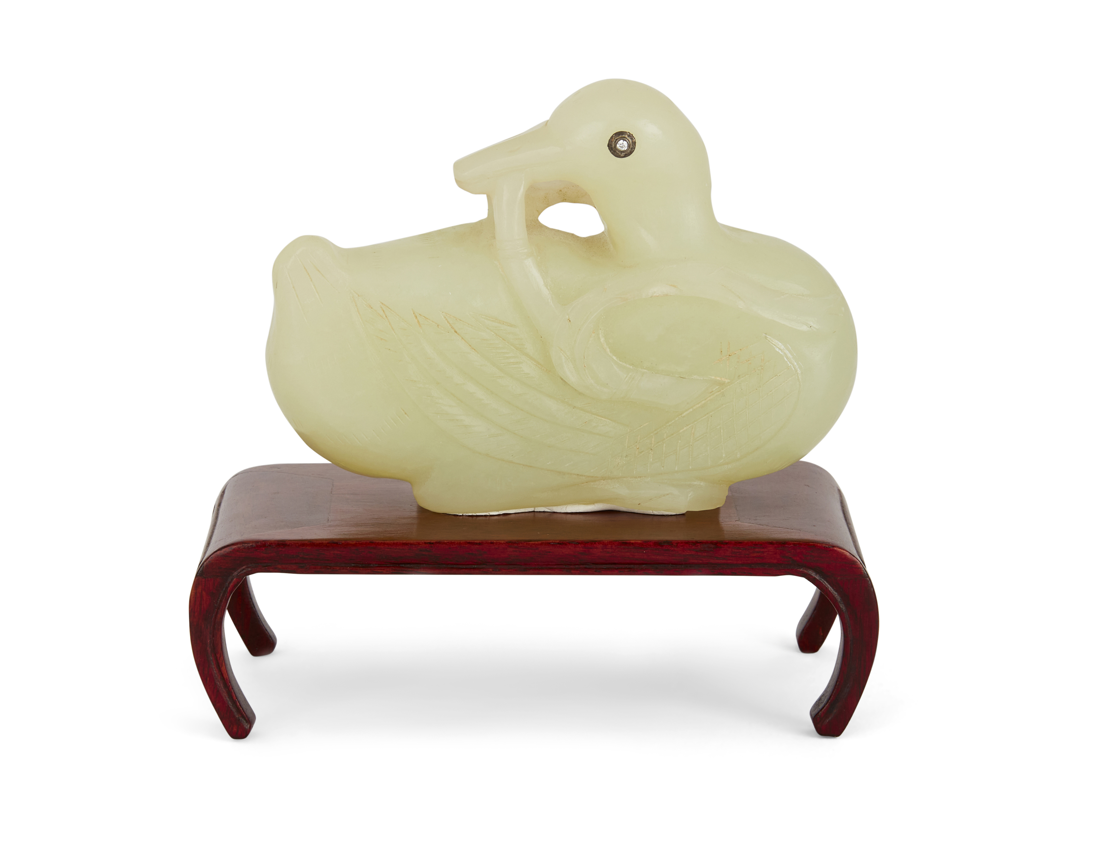 A Chinese Ming style green hardstone figure of a duck with diamond set eyes, 20th century, Carved... - Image 2 of 2