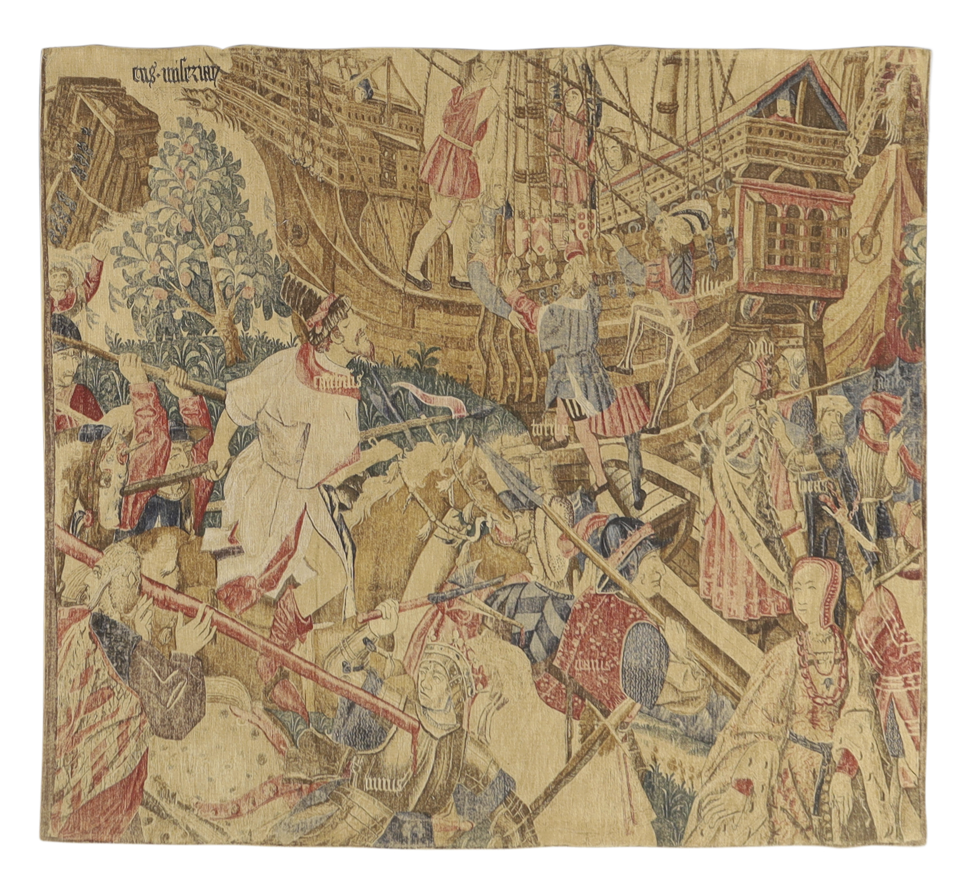 A modern printed tapestry replica of the 16th Netherlandish tapestry 'Battle and Embarkation',  D...