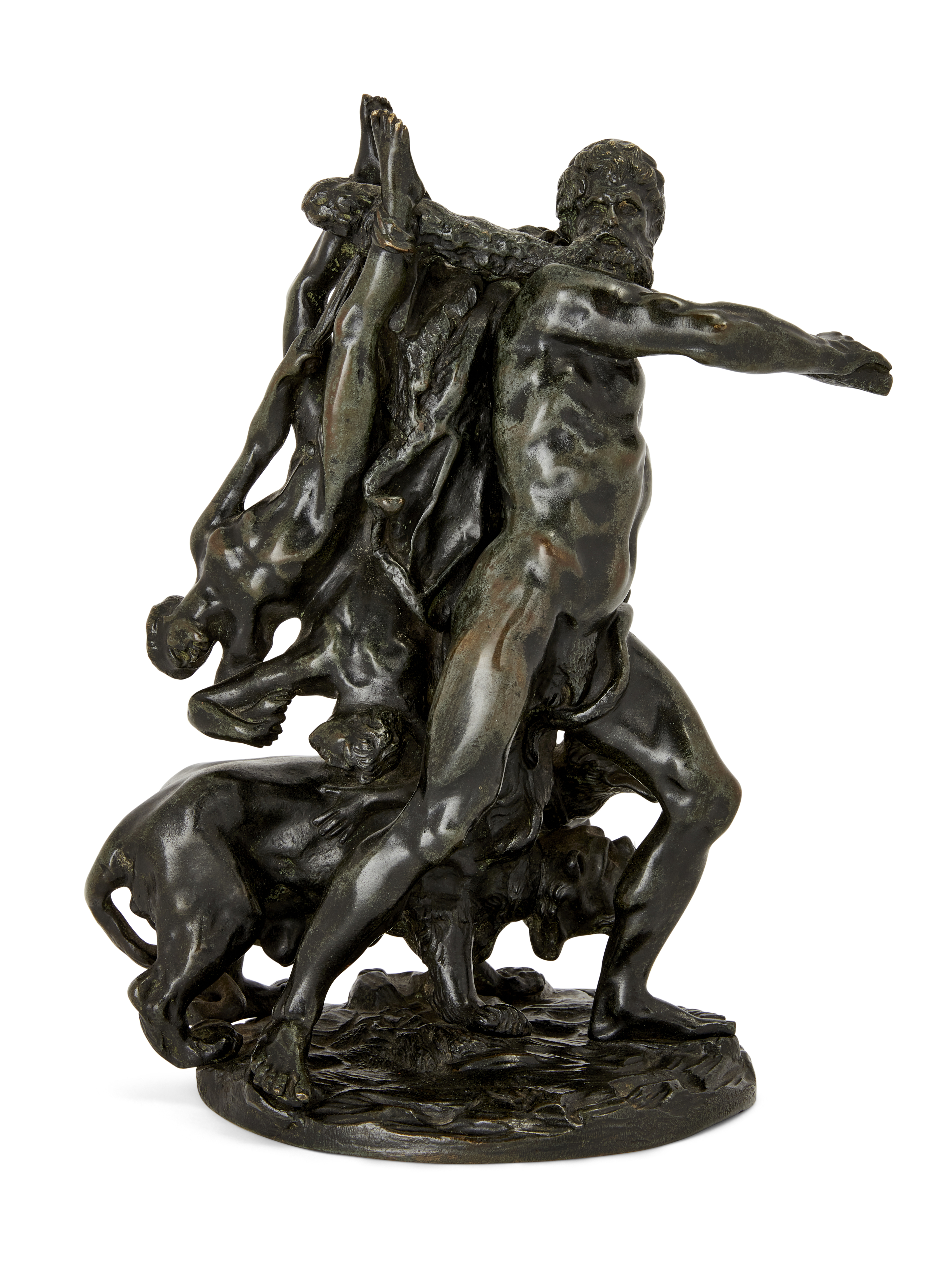 An Italian bronze group of Hercules and Cerberus, Late 19th century, Depicted standing with two f...