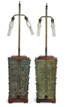 A pair of Chinese archaistic bronze lamps, Late 20th century, Cast as ritual bronze vases, fangyi...