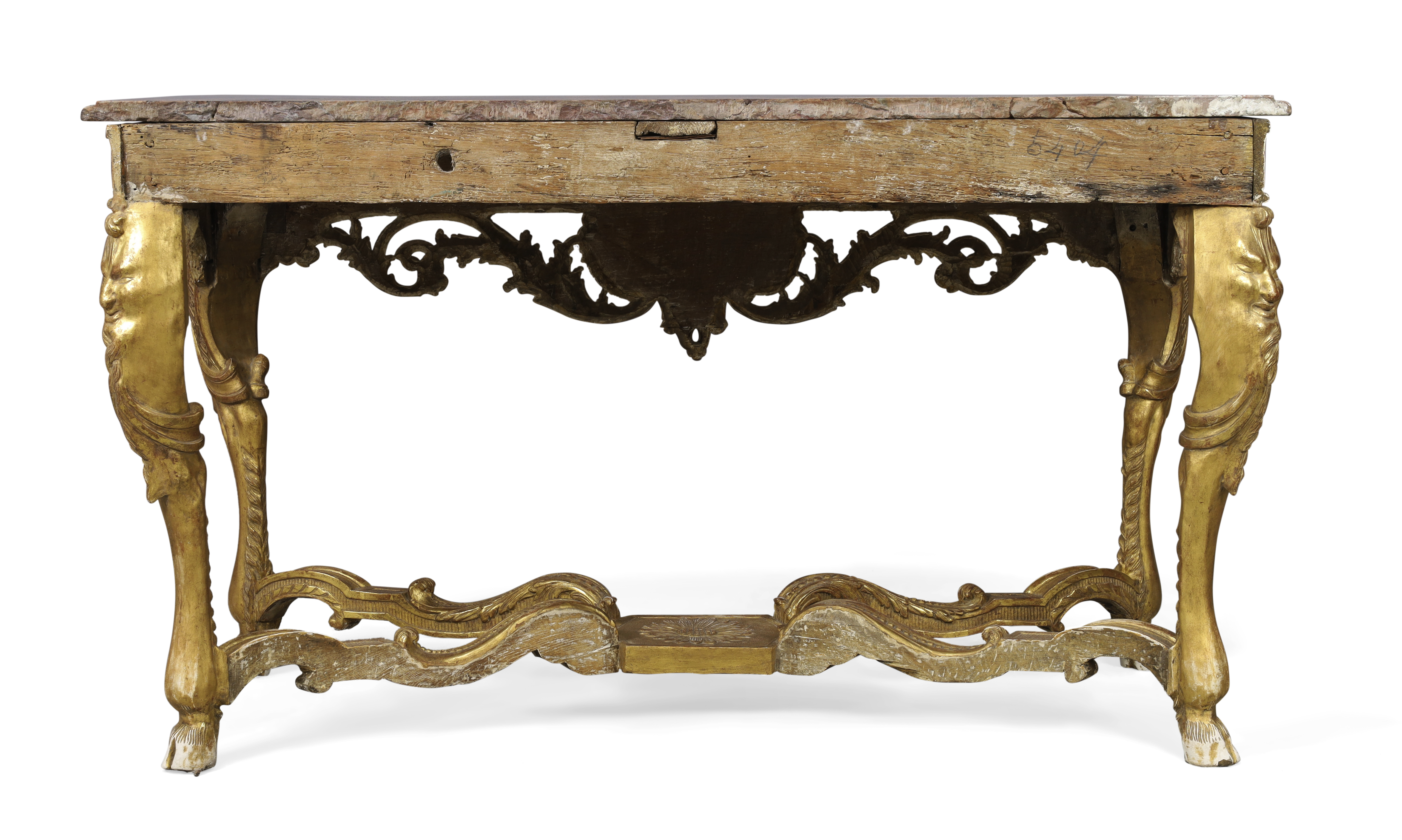 A Regence giltwood console table, First quarter 18th century, The marble top above carved frieze ... - Image 4 of 5