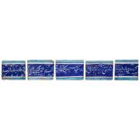 Five rectangular blue and white calligraphic pottery border tiles, Multan, India, c.1880, The loo...