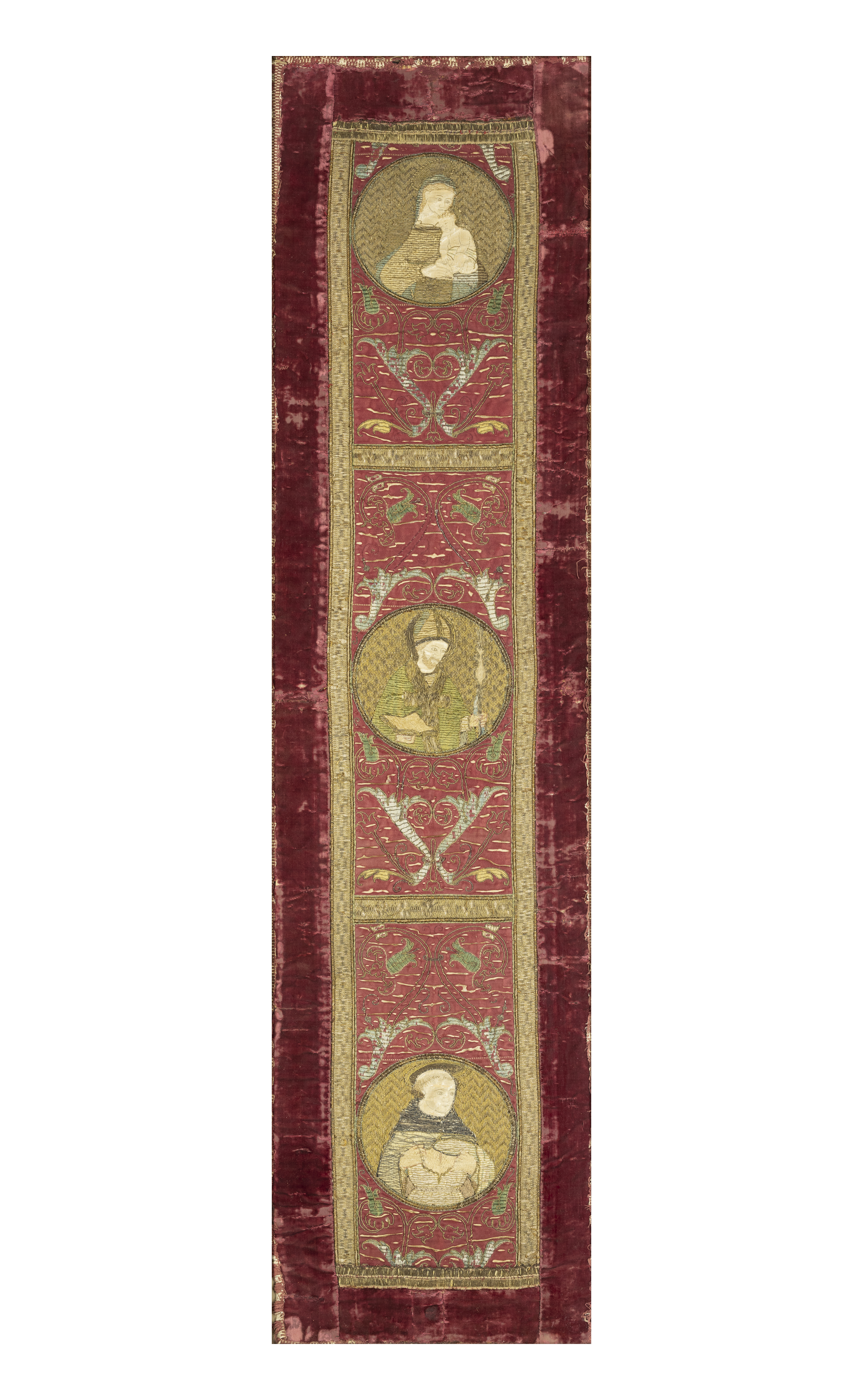 An incomplete Italian embroidered orphrey panel, First half 17th century, The central panel worke...