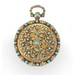 Viner & Co., New Bond Street, an 18ct three colour gold and turquoise open face pocket watch,  Lo...