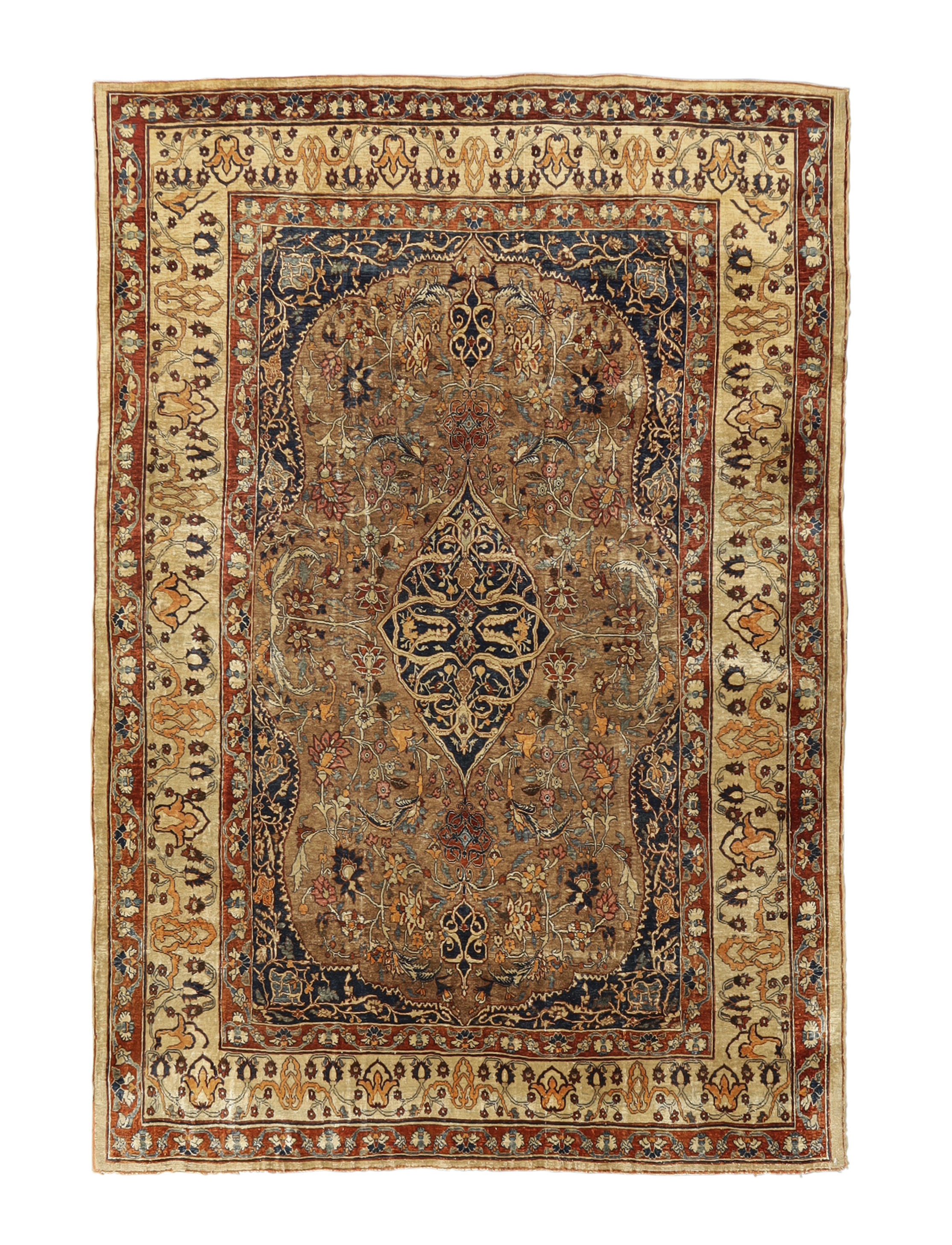 A Persian silk Heriz rug, Second half 19th century,  The central field with floral medallion surr...