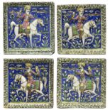 Four square moulded figural pottery tiles, Qajar Iran, c.1880 and later, Each representing a moun...