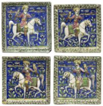 Four square moulded figural pottery tiles, Qajar Iran, c.1880 and later, Each representing a moun...