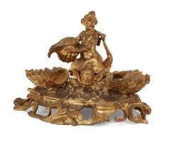 A gilt-bronze salt cellar, French or Italian, late 19th century, Modelled with Neptune astride a ...