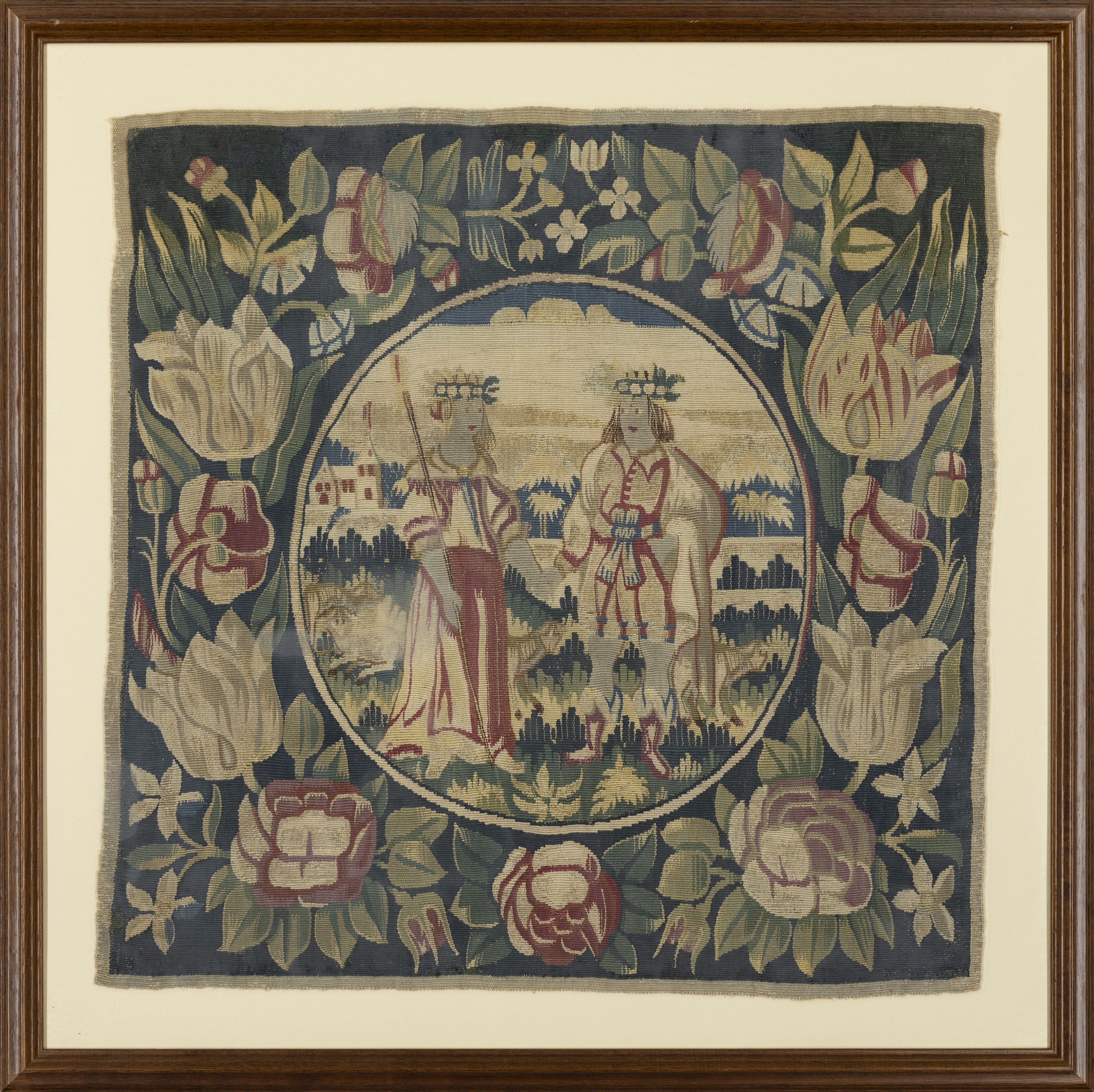 A North European tapestry panel, C.1700 Woven in wools and silks, the central roundel depicting t... - Image 2 of 2