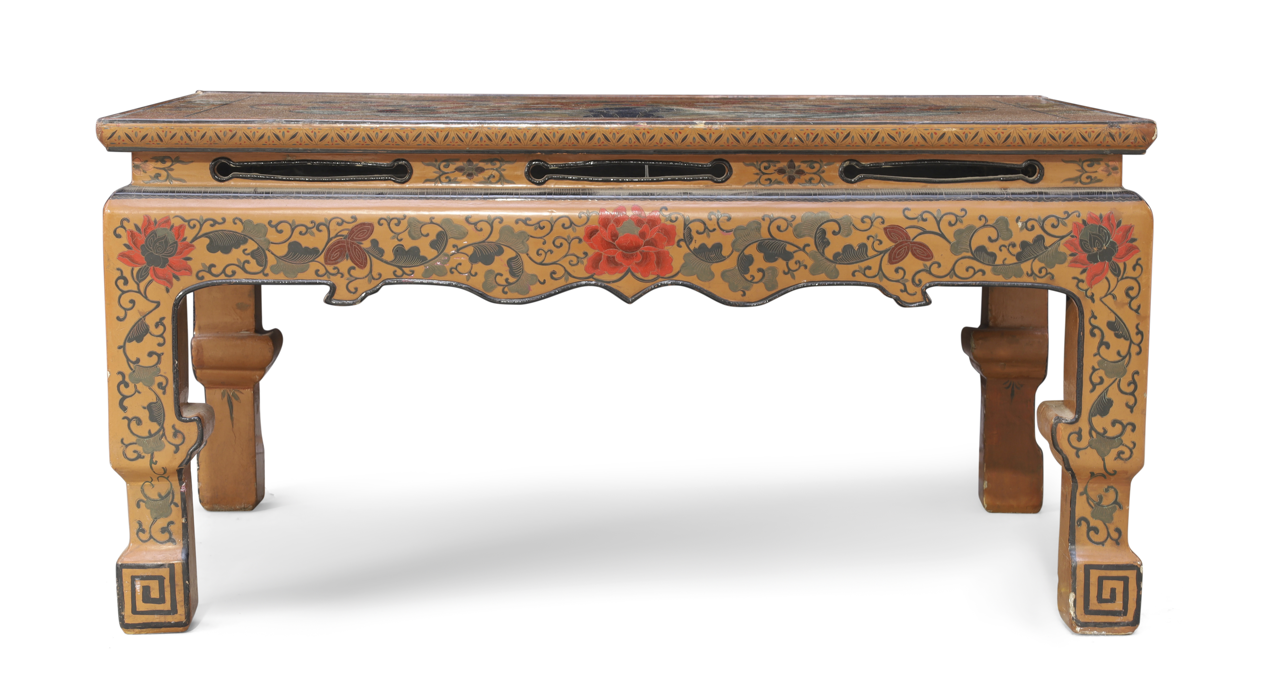 A Chinese tianqi lacquer table, Late Qing dynasty / Republic period, The top surface decorated wi...