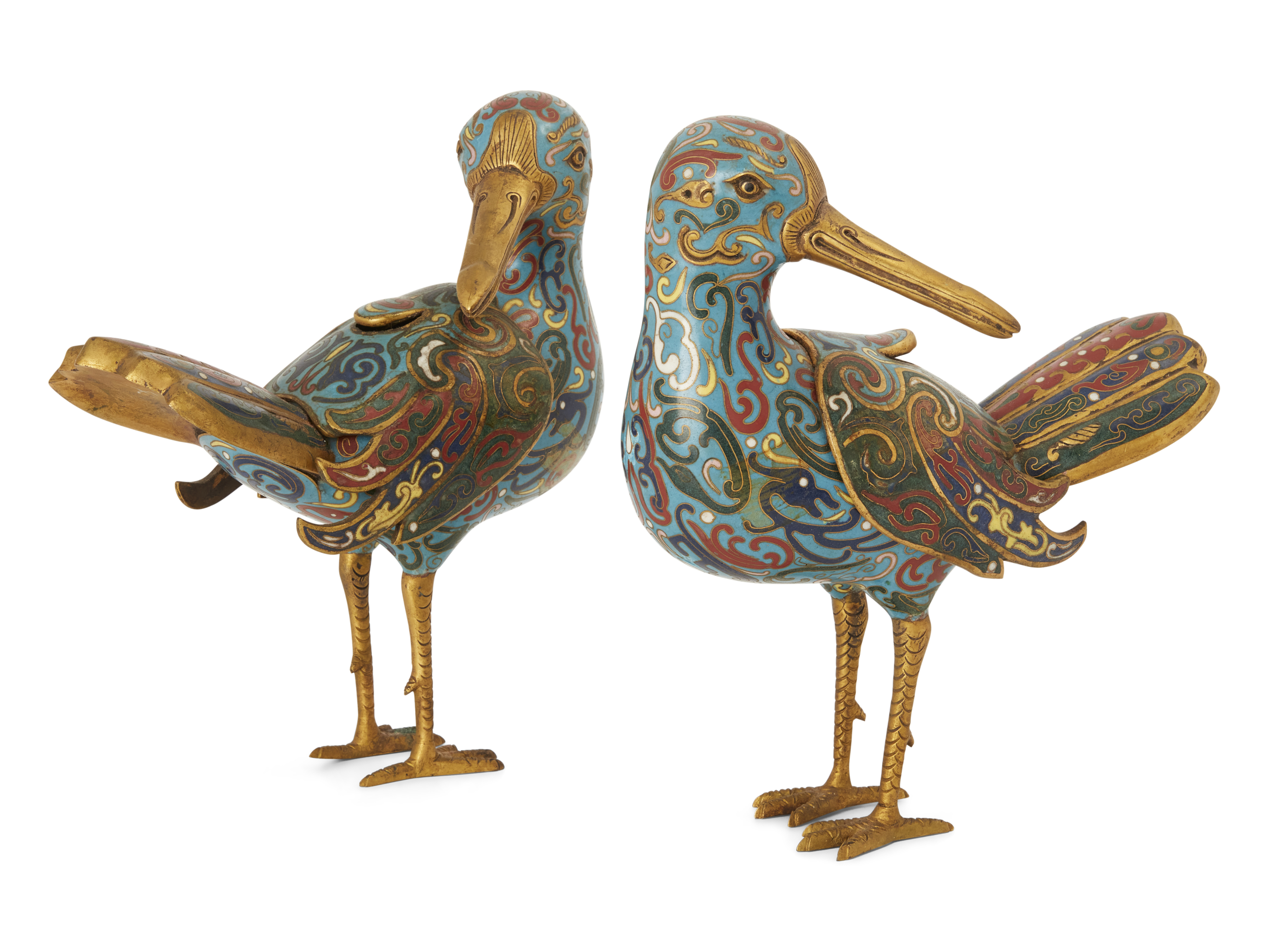A pair of Chinese gilt-metal and cloisonné bird form incense burners, Daoguang period (1821-1850)...
