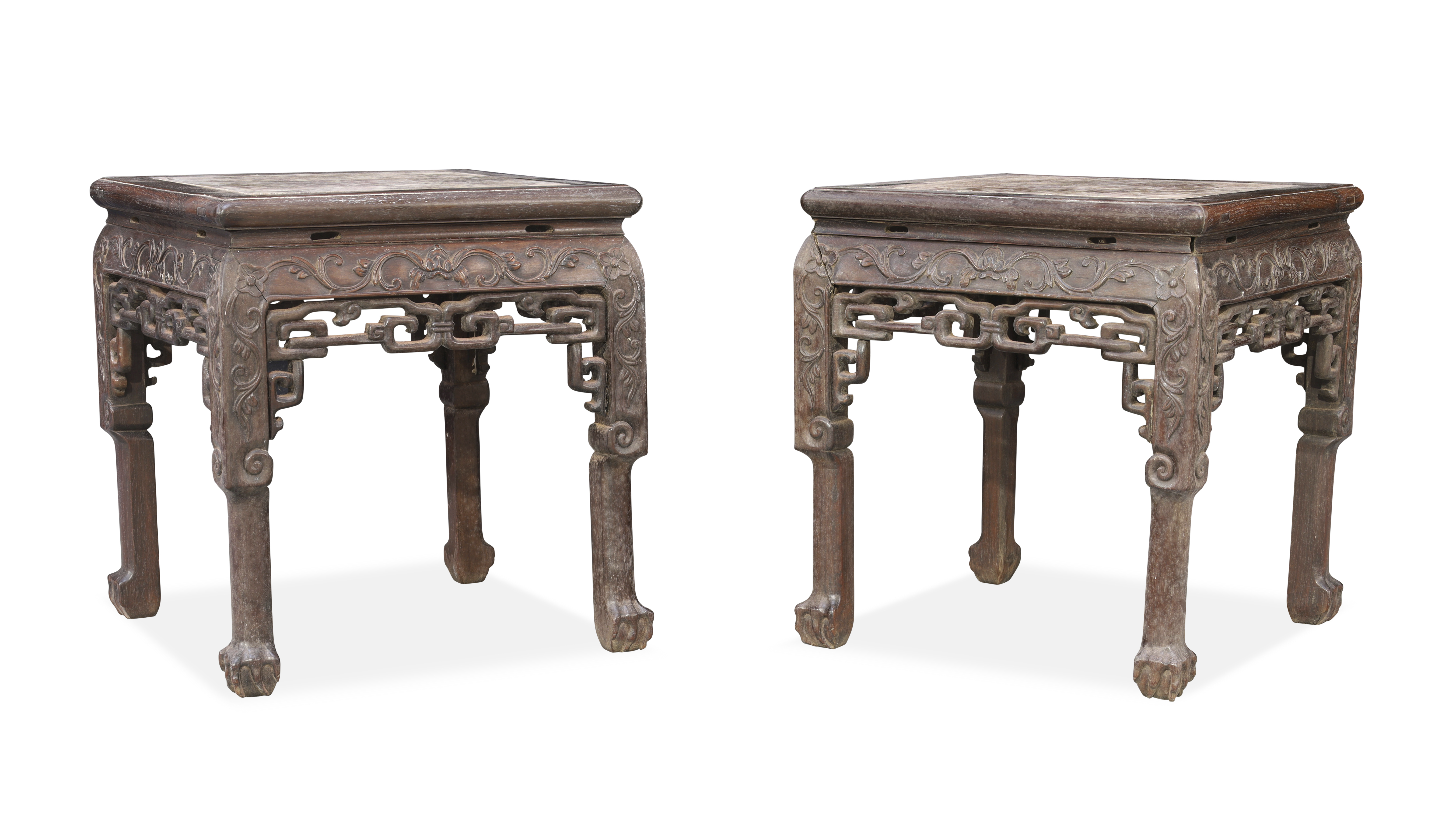 A pair of Chinese hongmu square stools,  Qing dynasty, 19th century, The square marble inset top ... - Image 2 of 3