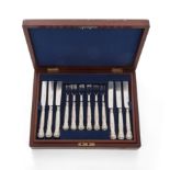 A boxed set of Victorian silver dessert knives and forks, Sheffield, 1847, John Oxley, The twelve...